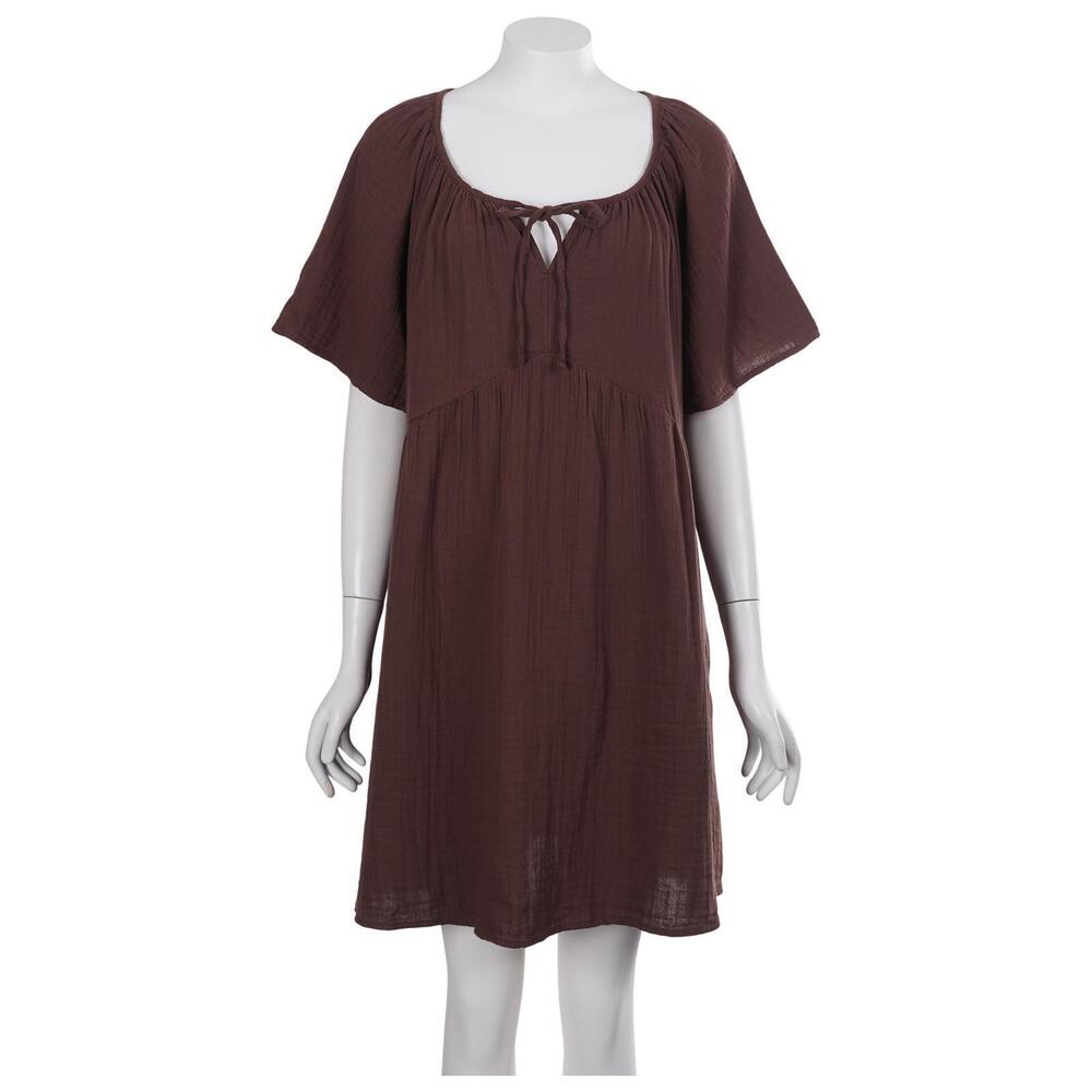 NWT Old Navy Dress M Brown Crinkle Gauze Cotton Tie-Neck A-Line Swing Pockets